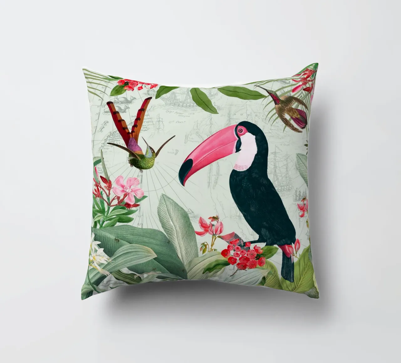 Tucano esotico nostalgico e colibrì nella giungla cuscino da Vintage World - Uta Naumann