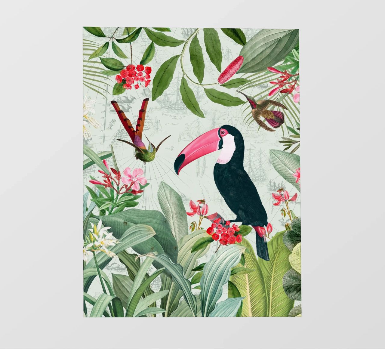 Tucano esotico nostalgico e colibrì nella giungla telo in pvc da Vintage World - Uta Naumann