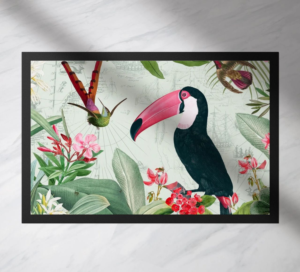 Tucano esotico nostalgico e colibrì nella giungla zerbino da Vintage World - Uta Naumann