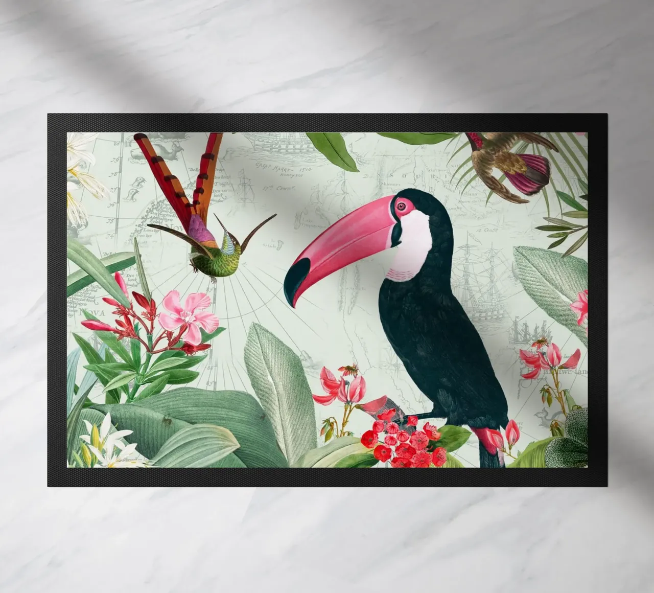 Tucano esotico nostalgico e colibrì nella giungla zerbino da Vintage World - Uta Naumann