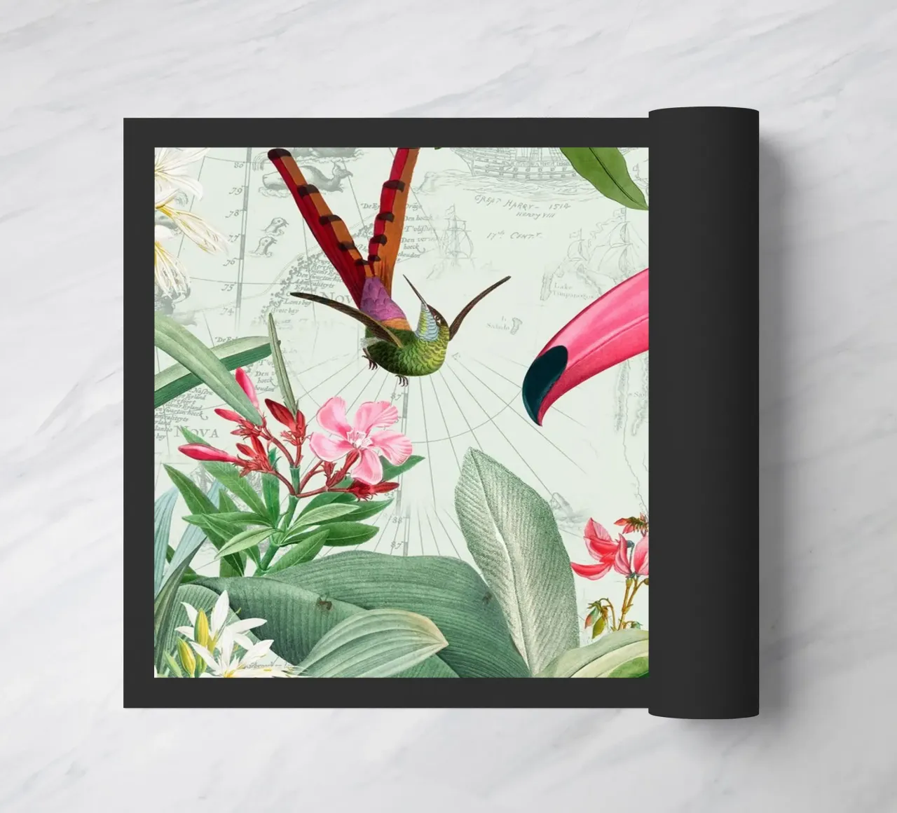 Tucano esotico nostalgico e colibrì nella giungla zerbino da Vintage World - Uta Naumann