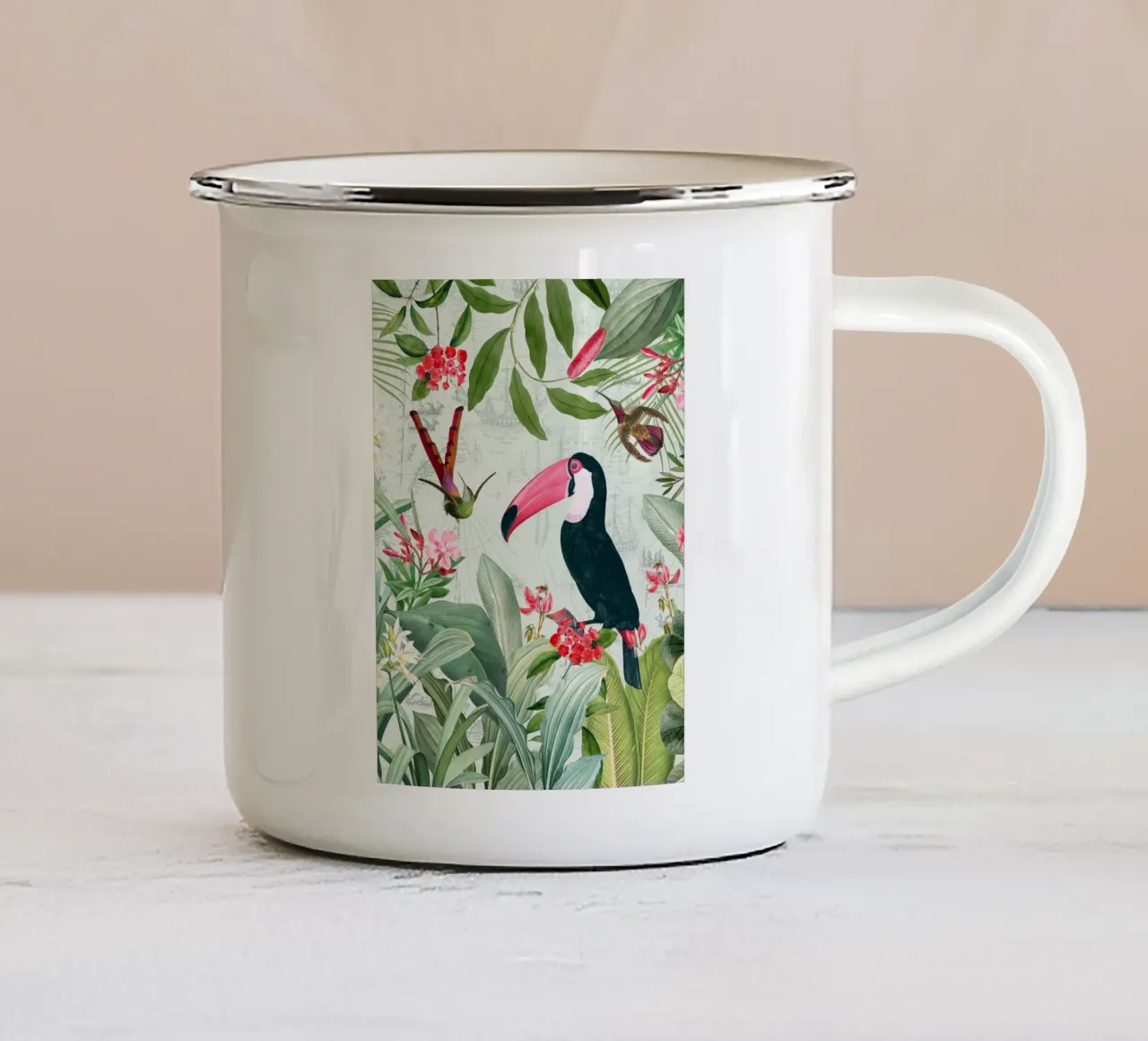 Nostalgic Exotic Toucan And Hummingbirds in a Jungle enamel mug by Vintage World - Uta Naumann