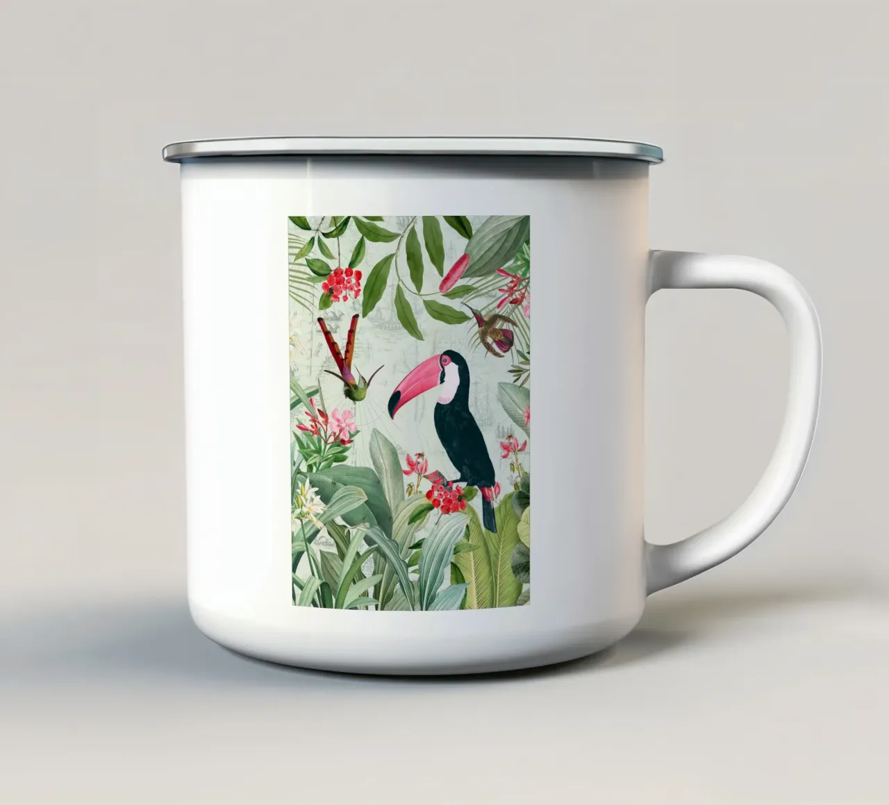 Nostalgischer exotischer Tukan und Kolibris im Dschungel Emaille Tasse von Vintage World - Uta Naumann