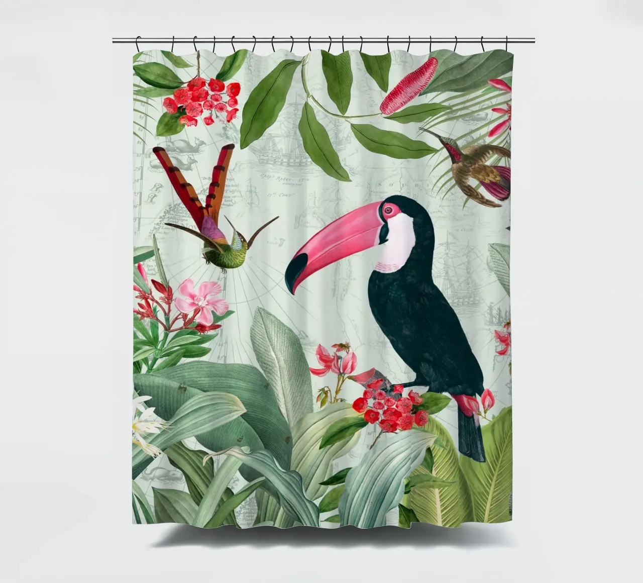 Tucano esotico nostalgico e colibrì nella giungla tenda da doccia da Vintage World - Uta Naumann