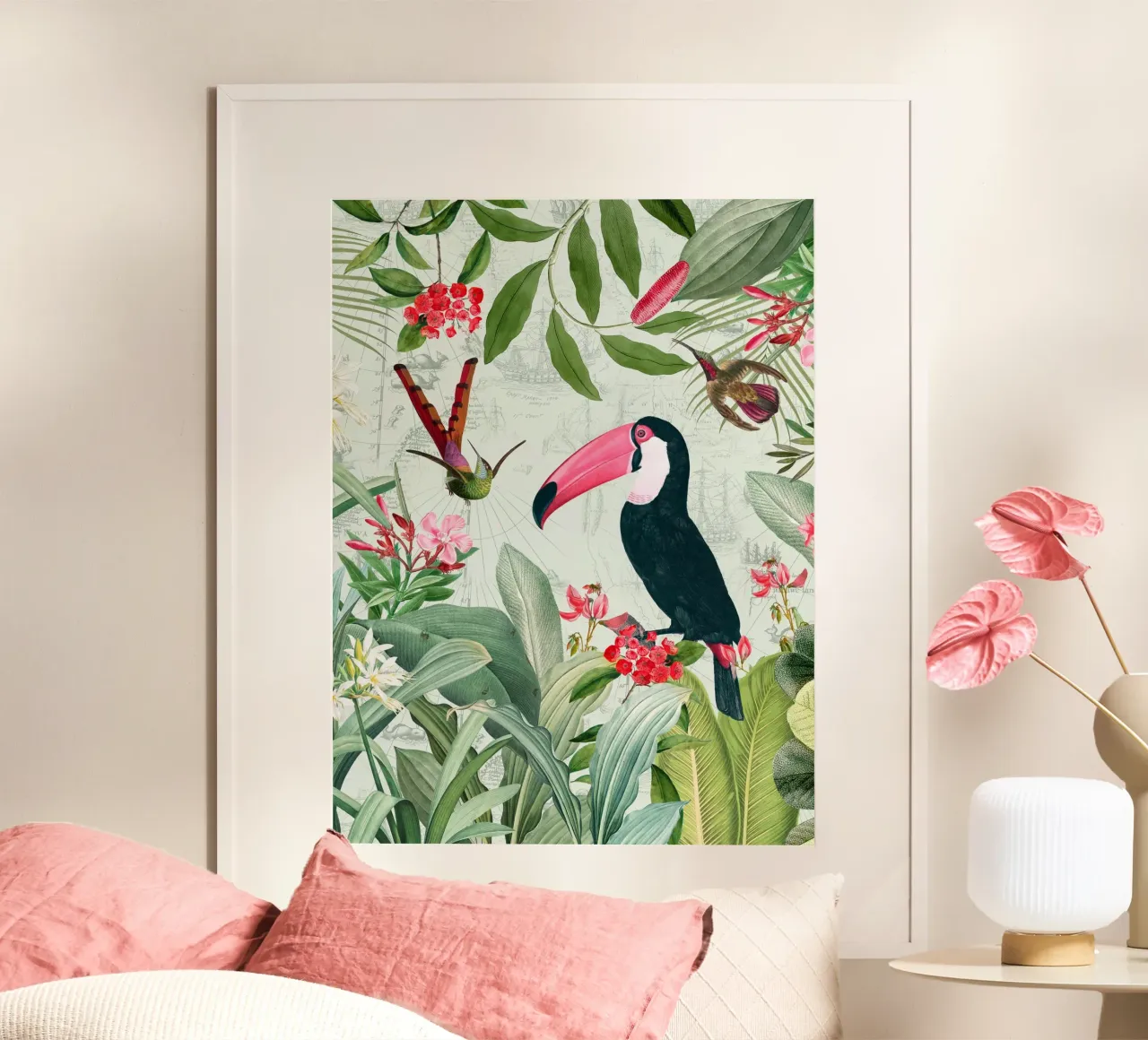 Nostalgique Toucan exotique et colibris dans une jungle poster de Vintage World - Uta Naumann