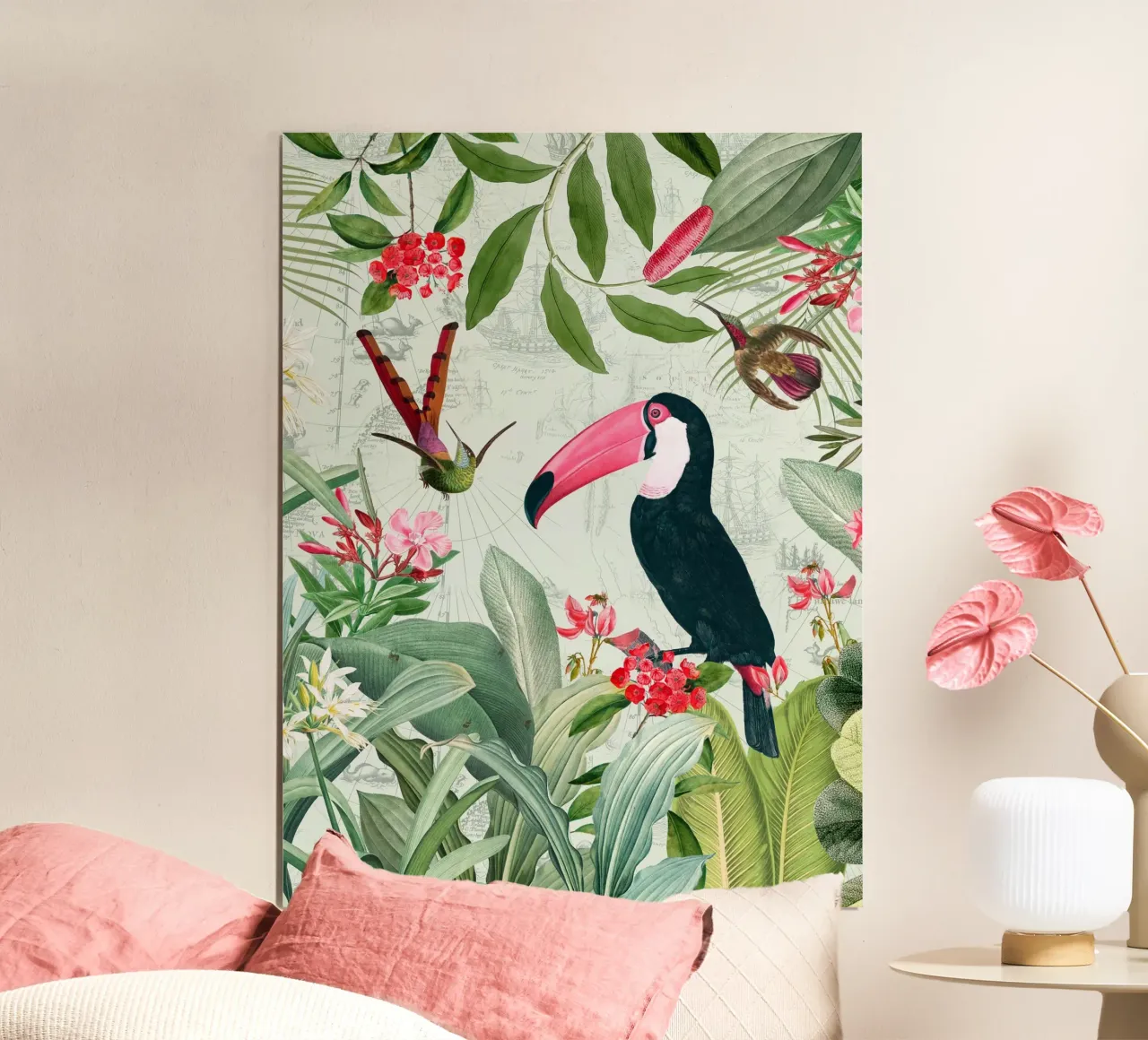 Nostalgique Toucan exotique et colibris dans une jungle poster de Vintage World - Uta Naumann
