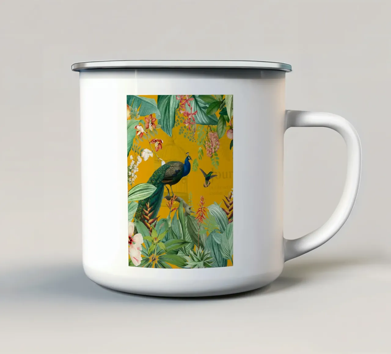 Pavoni esotici in paradiso - Giallo tazza in smalto da Vintage World - Uta Naumann