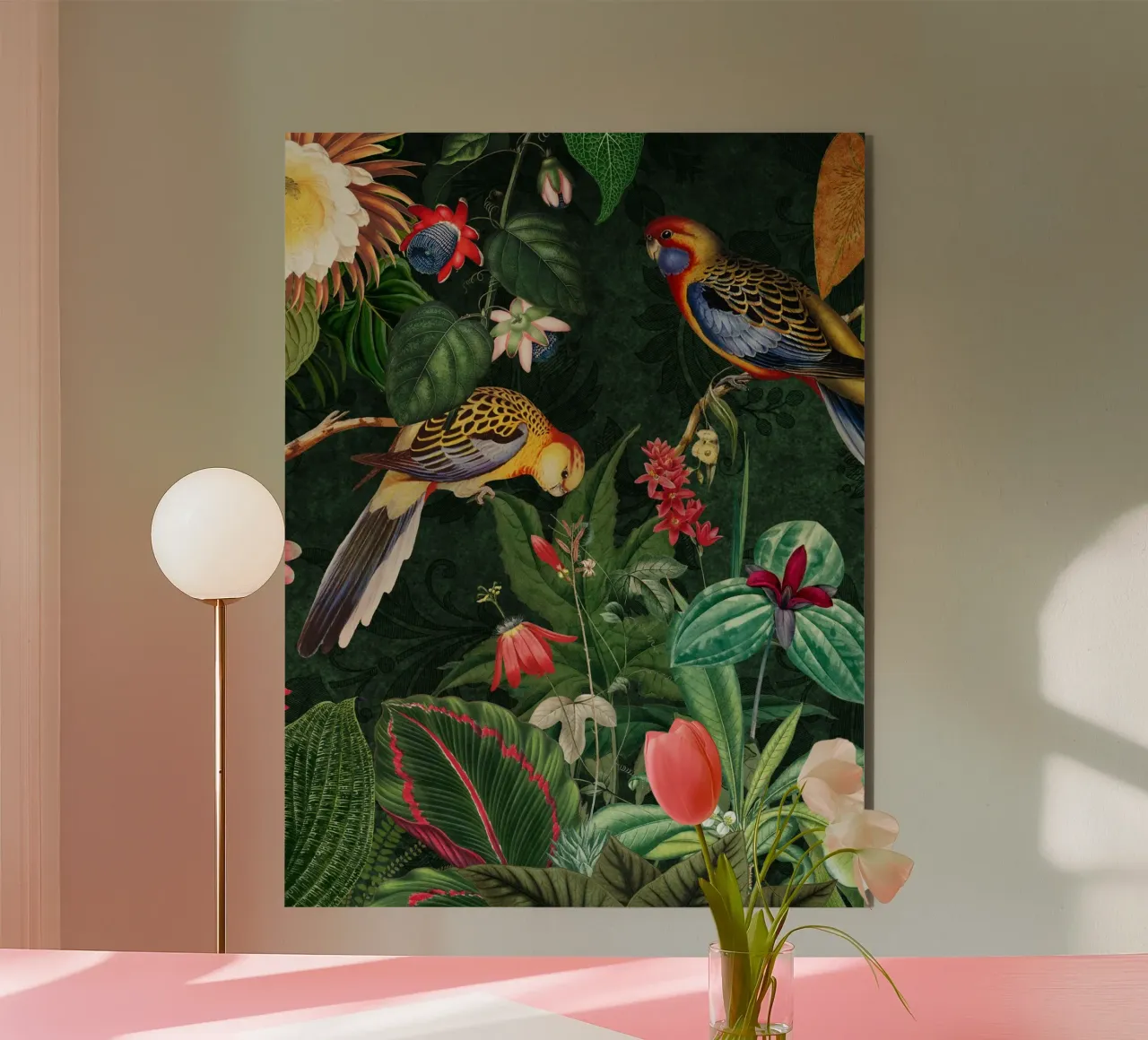 Vintage Midnight Giungla tropicale con uccelli esotici 2 alluminio dibond da Vintage World - Uta Naumann