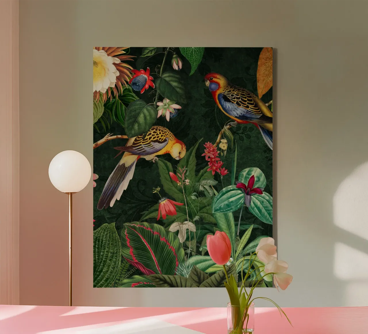 Vintage Midnight Giungla tropicale con uccelli esotici 2 tela con Cornice a cassetta da Vintage World - Uta Naumann