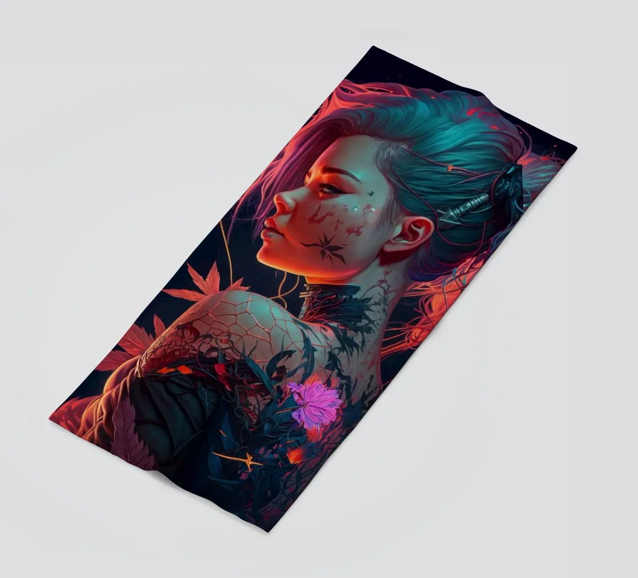 Blumen Tattoo Cyberpunk Girl Strandtuch von Lootprint