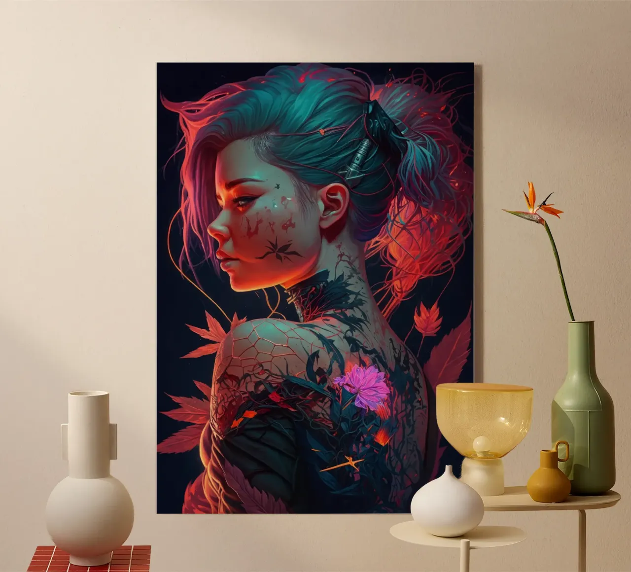 Flowers Tattoo Cyberpunk Girl acrylic glass by Lootprint