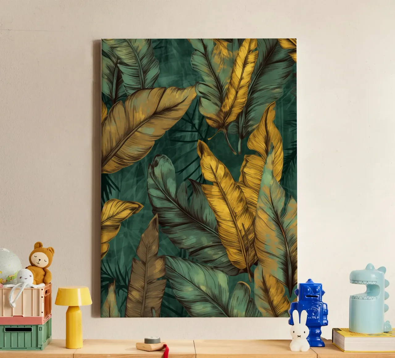Bananenbladeren natuur kunst canvas met Baklijst van Justyna Jaszke JBJart
