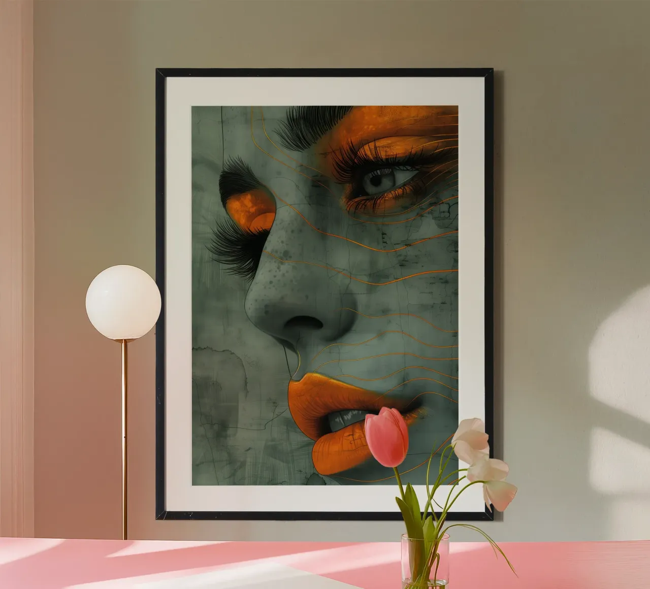 Donna viso labbra arancioni ritratto poster con telaio in plastica da Justyna Jaszke JBJart