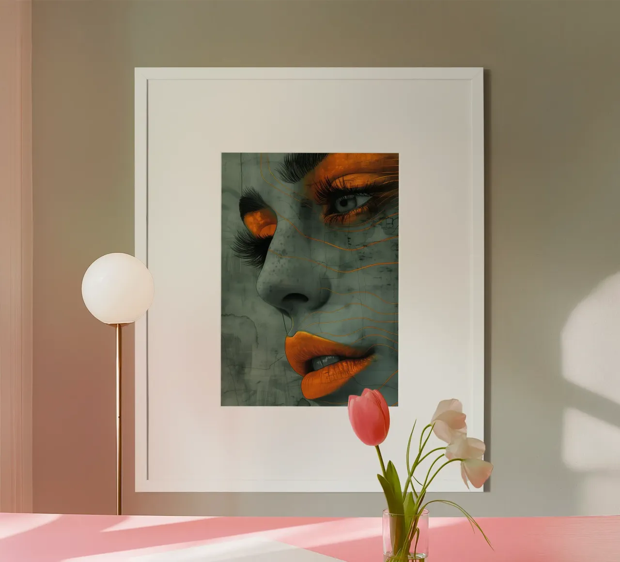 Donna viso labbra arancioni ritratto poster con telaio in plastica da Justyna Jaszke JBJart