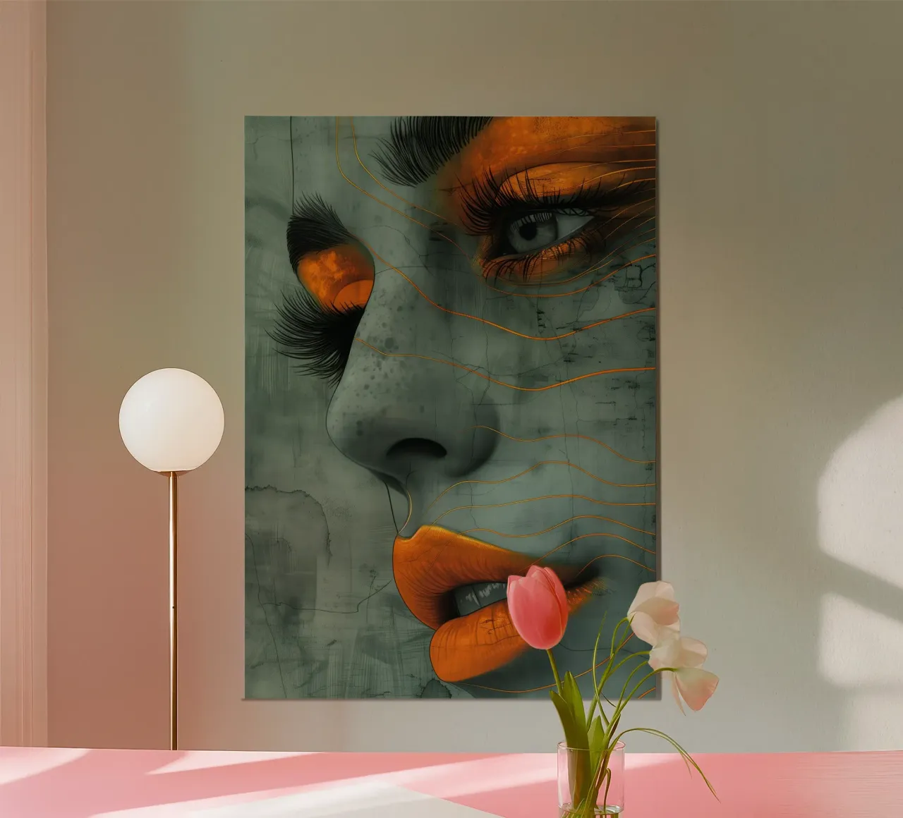 Donna viso labbra arancioni ritratto poster con telaio in plastica da Justyna Jaszke JBJart