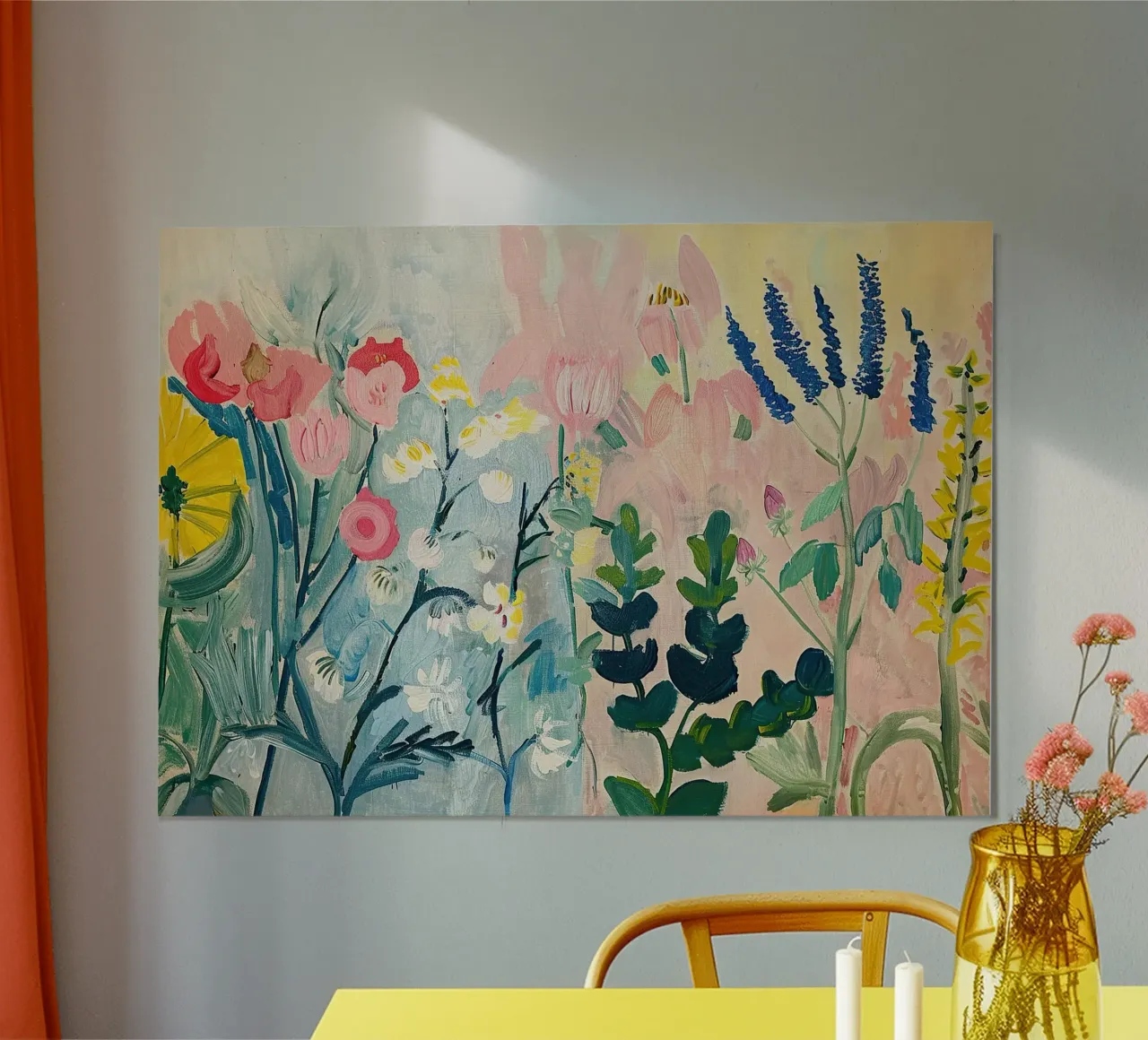 Bloemen Abstract Wilde bloemen Kleurrijk poster met houten frame van Euphoria Theresa
