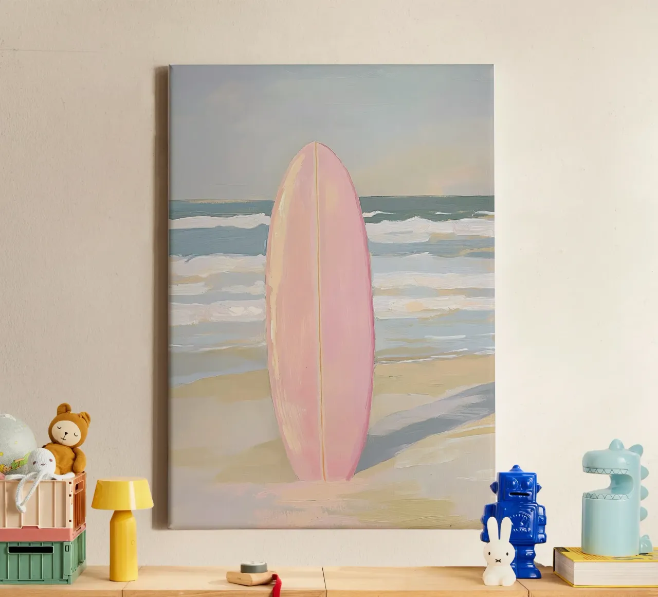 Surfboot Ozean Meer Pastell Rosa Surfen Leinwand mit Schattenfugenrahmen von Euphoria Theresa