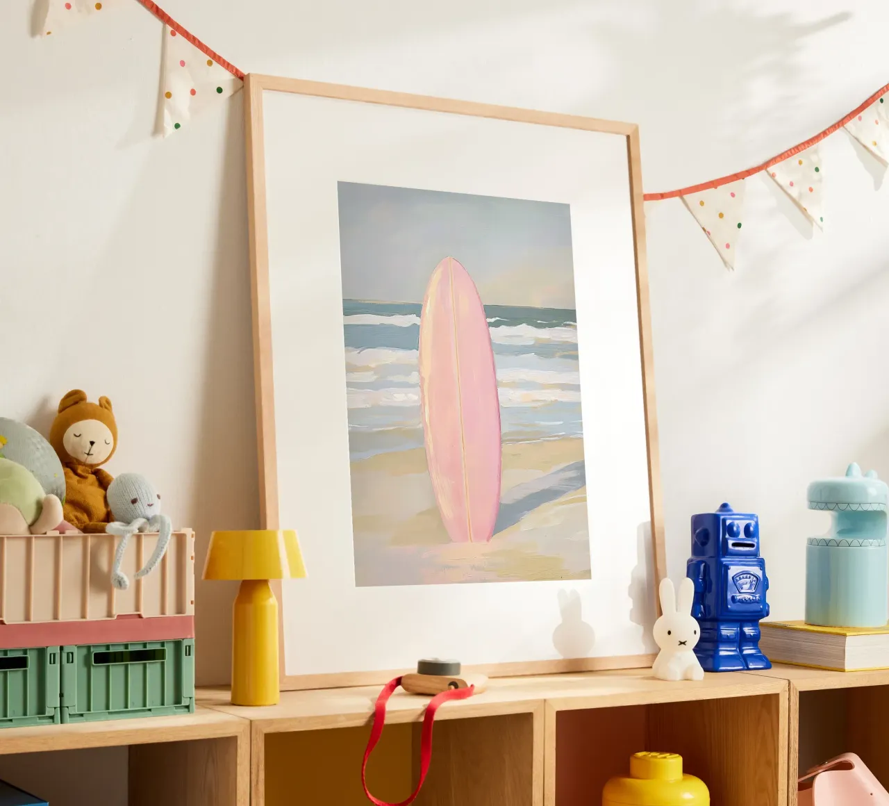 Barca da surf oceano mare rosa pastello surf poster con telaio in alluminio da Euphoria Theresa