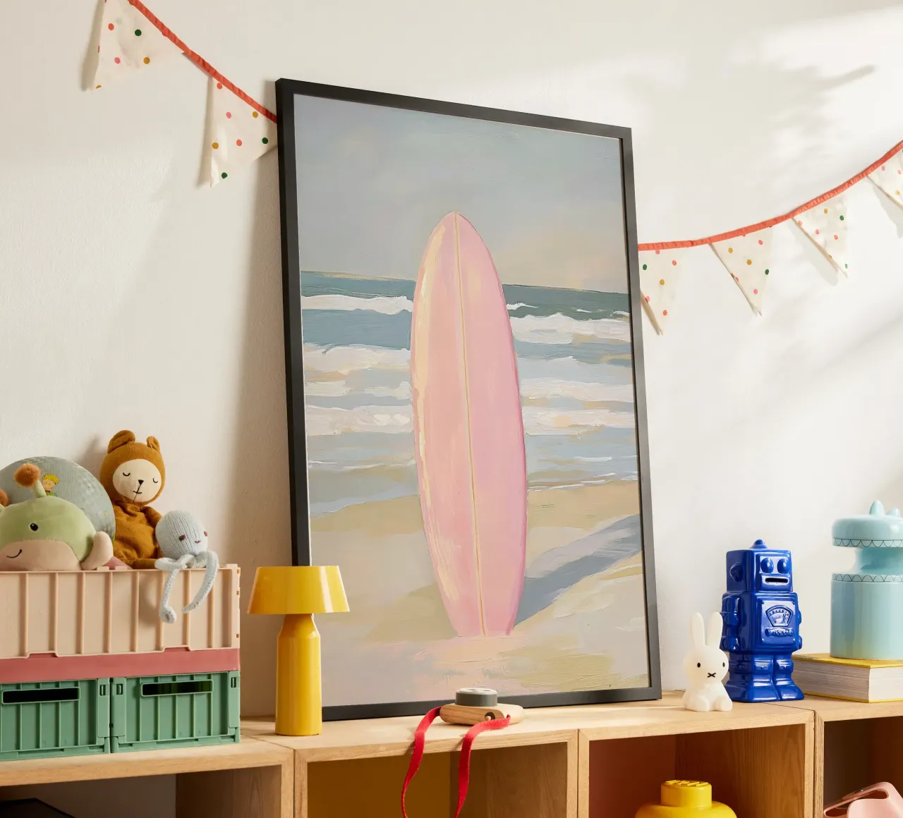 Barca da surf oceano mare rosa pastello surf poster con telaio in alluminio da Euphoria Theresa