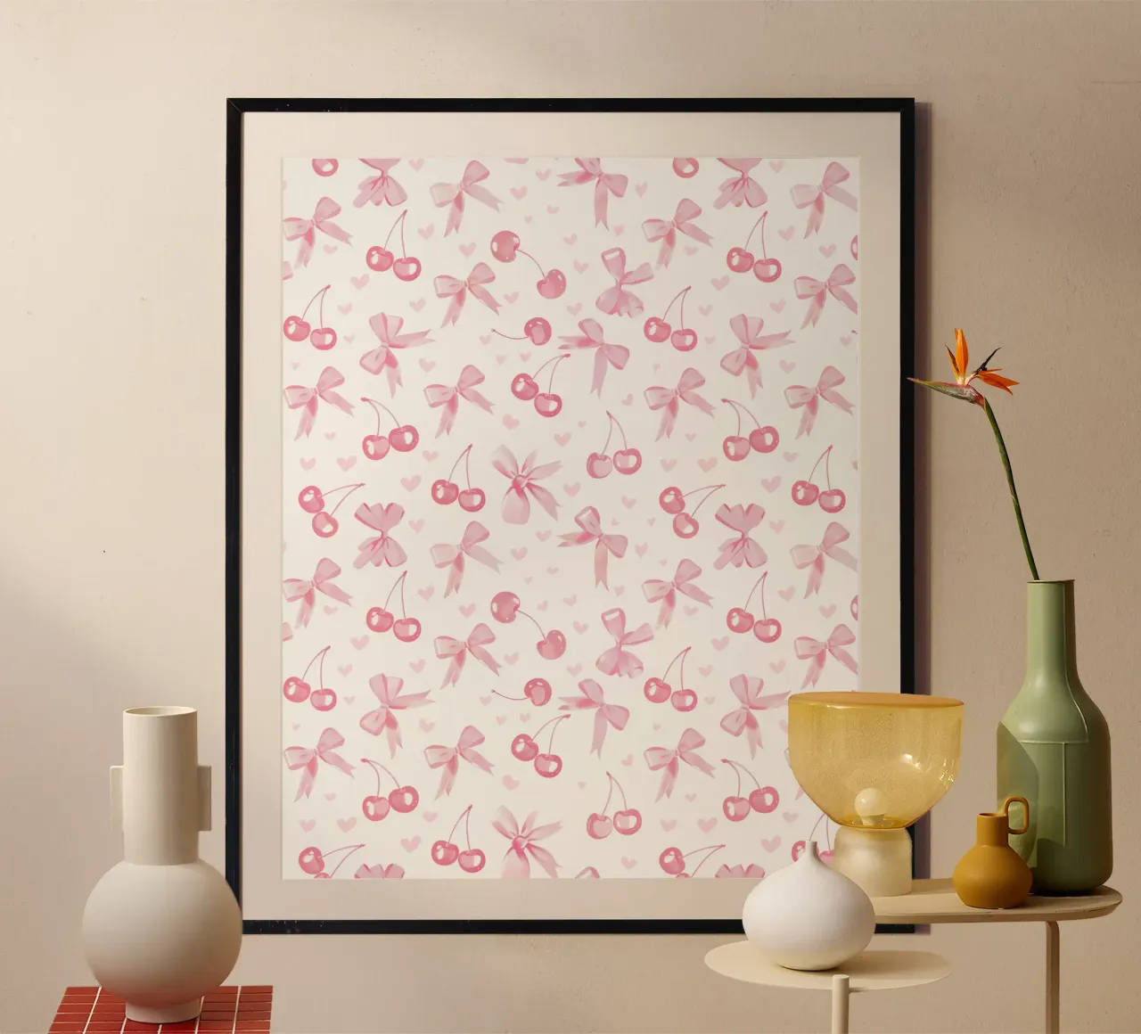 Rosa Schleifen Kirschen und Liebesherzen Niedliche Valentine Coquette Poster mit Holzrahmen von Gentle Echoes Art