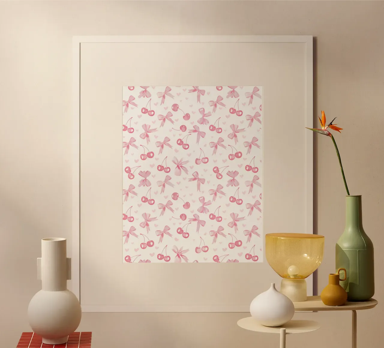 Rosa Schleifen Kirschen und Liebesherzen Niedliche Valentine Coquette Poster mit Holzrahmen von Gentle Echoes Art