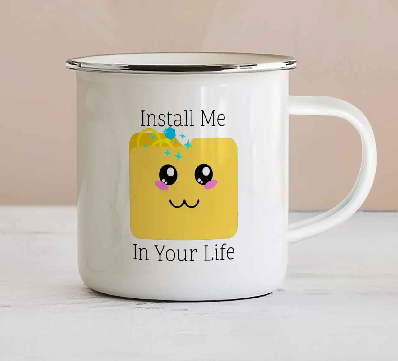 Install Me in Your Life Cute Geek Tech Wedding Proposal enamel mug by sillyindustries