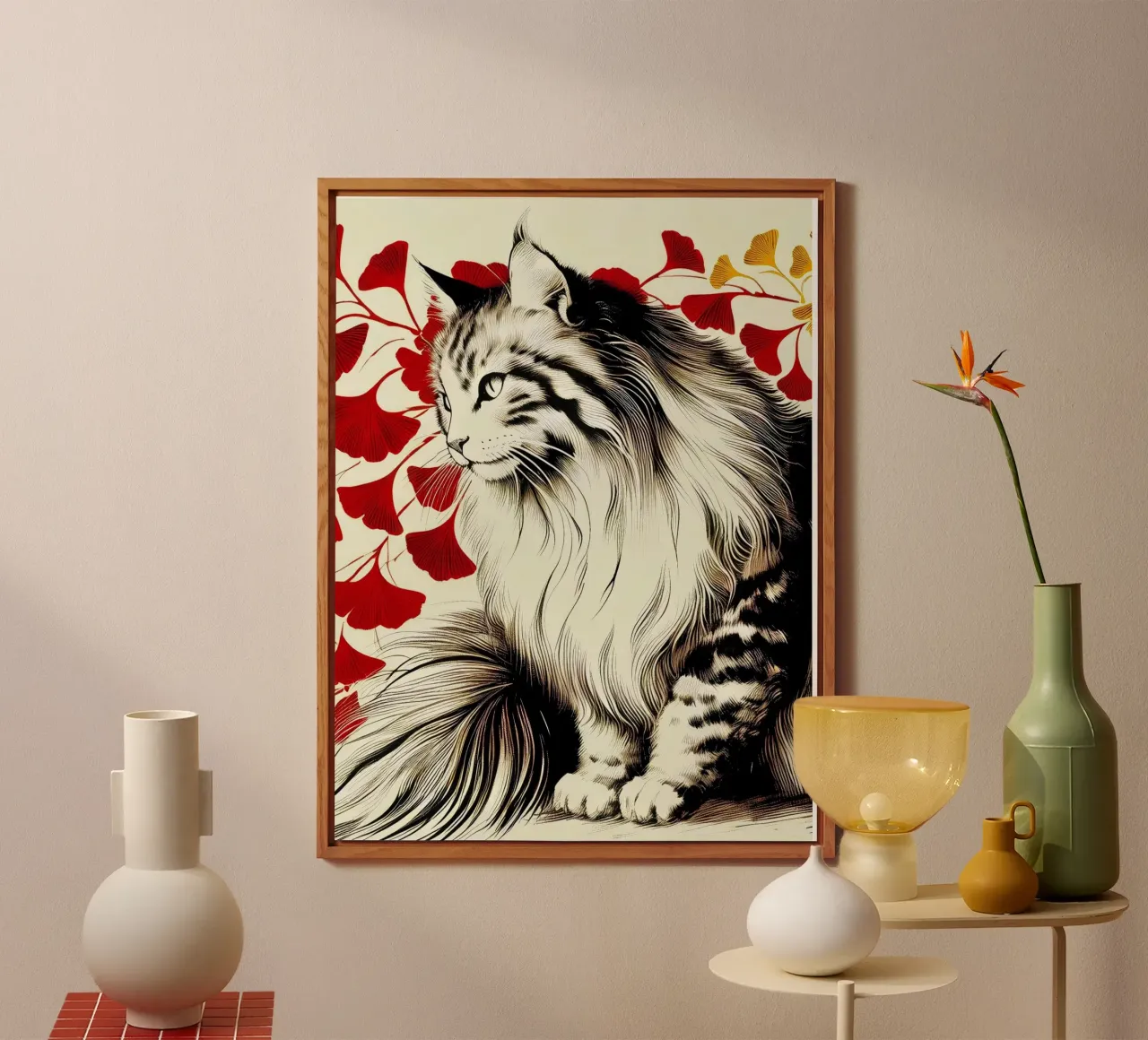 Gatto e Ginko (inchiostro) alluminio dibond da Digital Naive