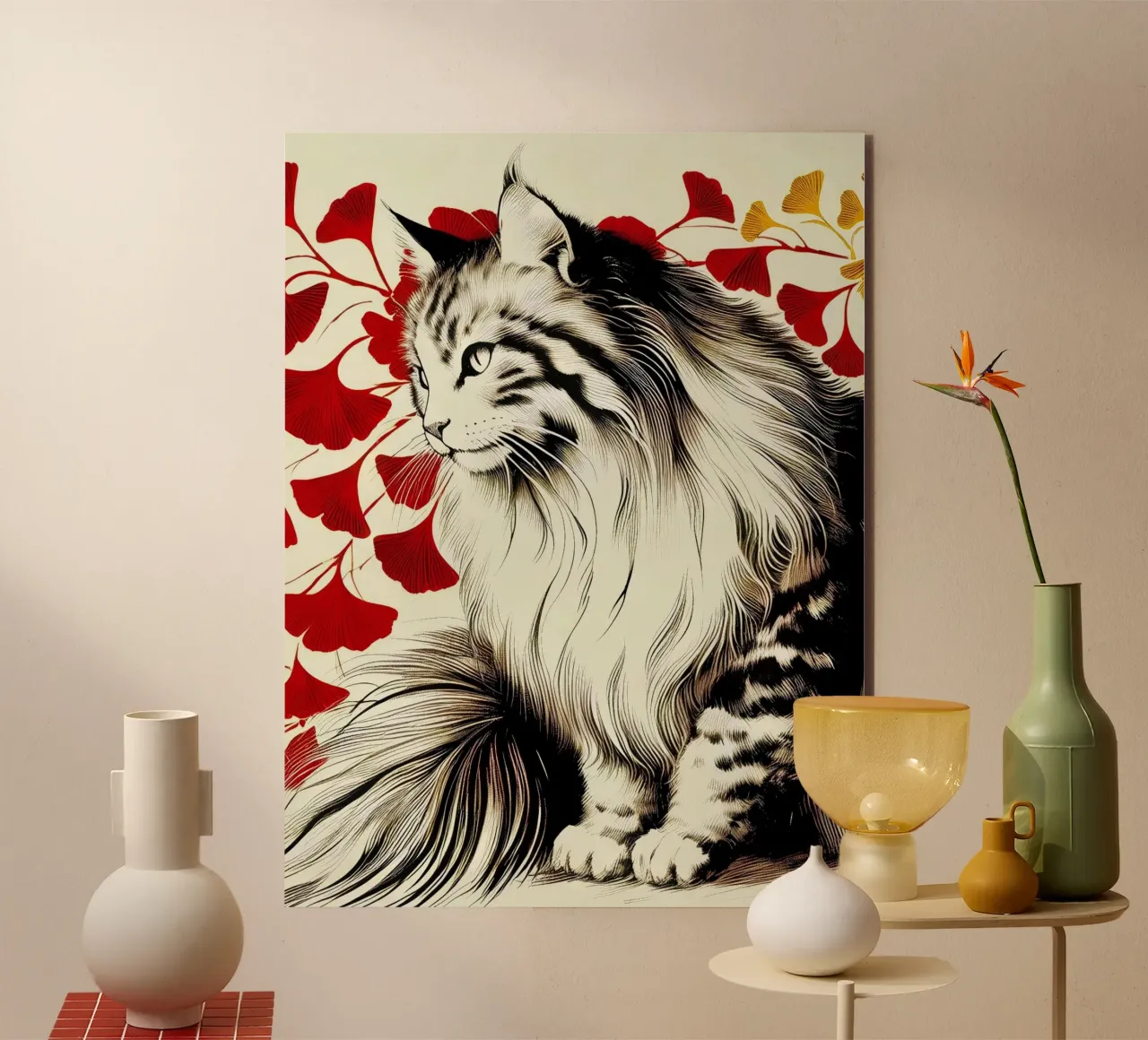 Gatto e Ginko (inchiostro) alluminio dibond da Digital Naive