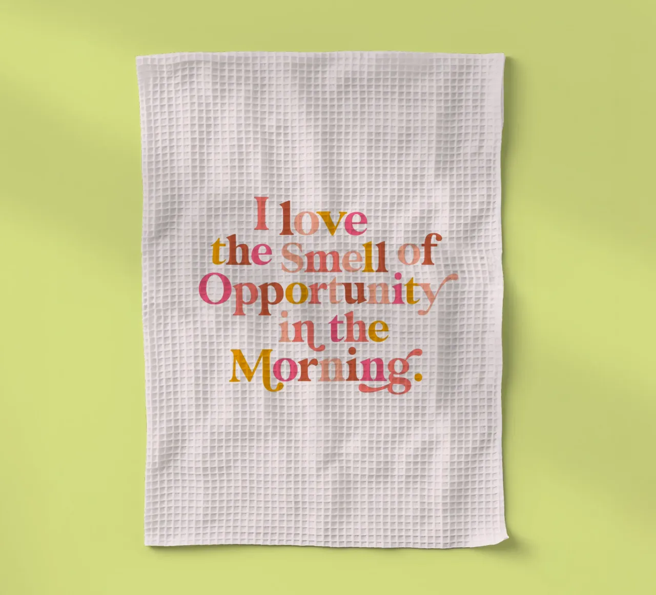 Das optimistische Morgenzitat - Pastellrosa Pfirsichfarbener Ocker Geschirrtuch von Dominique Vari Words