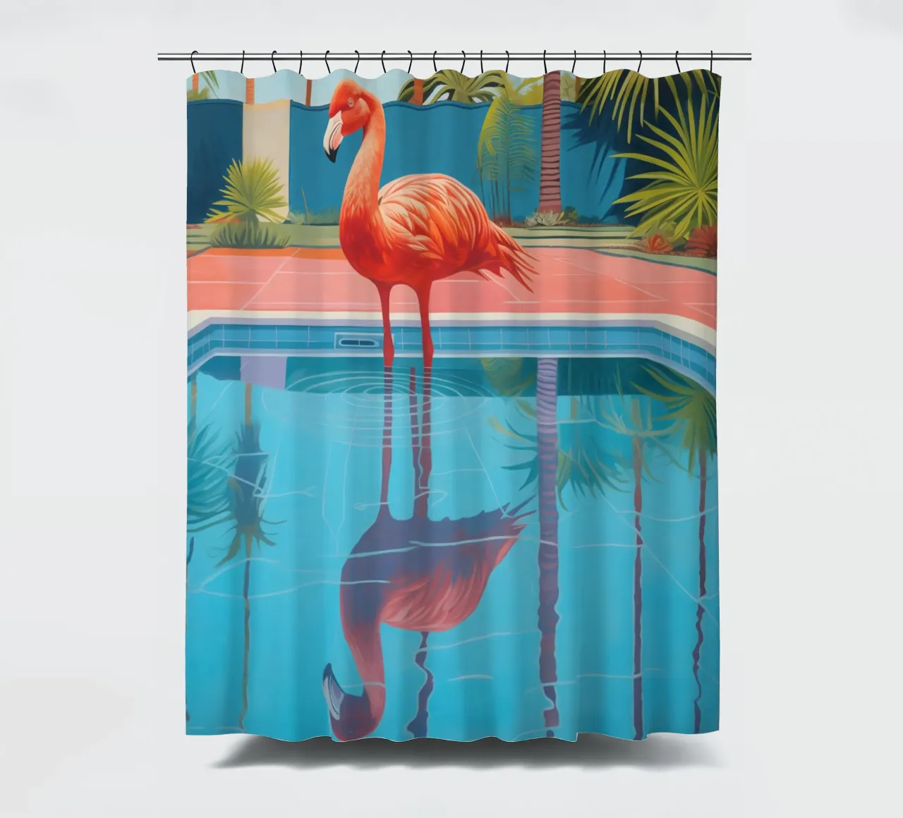 Flamingo by the pool | Shower curtain with matching towels shower curtain by Autofocus