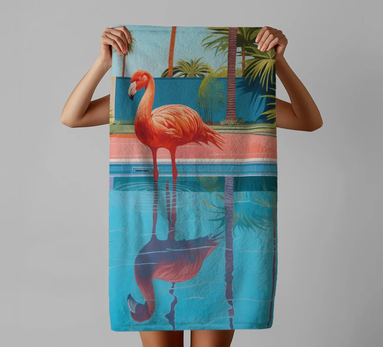 Flamingo by the pool | Shower curtain with matching towels towel by Autofocus