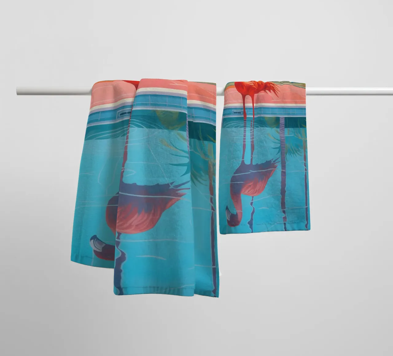 Flamingo by the pool | Shower curtain with matching towels towel by Autofocus