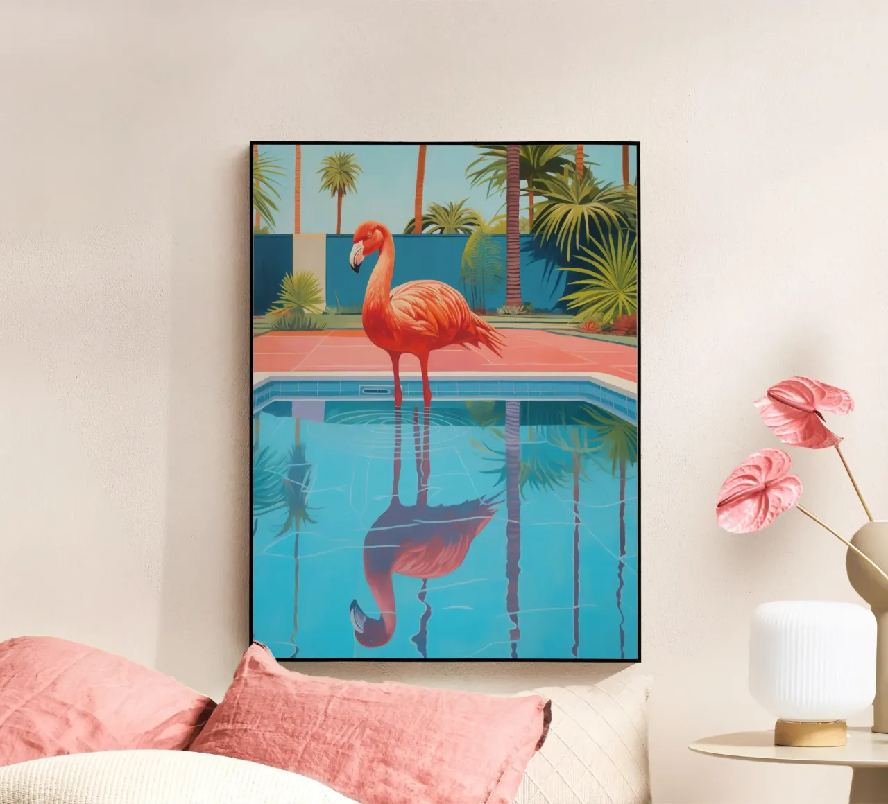Flamingo junto a la piscina | Cortina de ducha con toallas a juego metacrilato de Autofocus