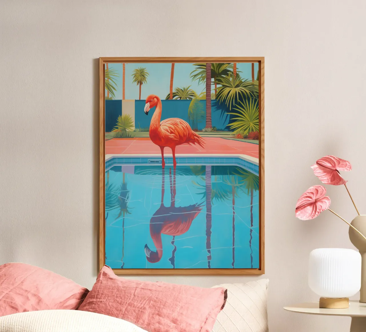 Flamingo by the pool | Shower curtain with matching towels alu-dibond by Autofocus