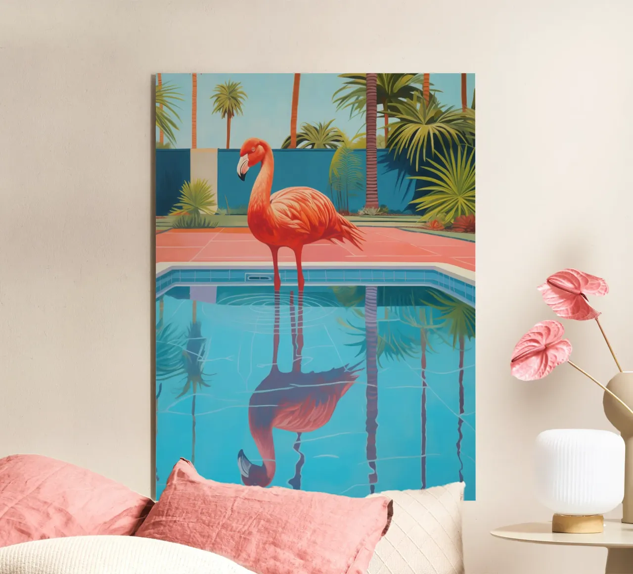 Flamingo by the pool | Shower curtain with matching towels alu-dibond by Autofocus