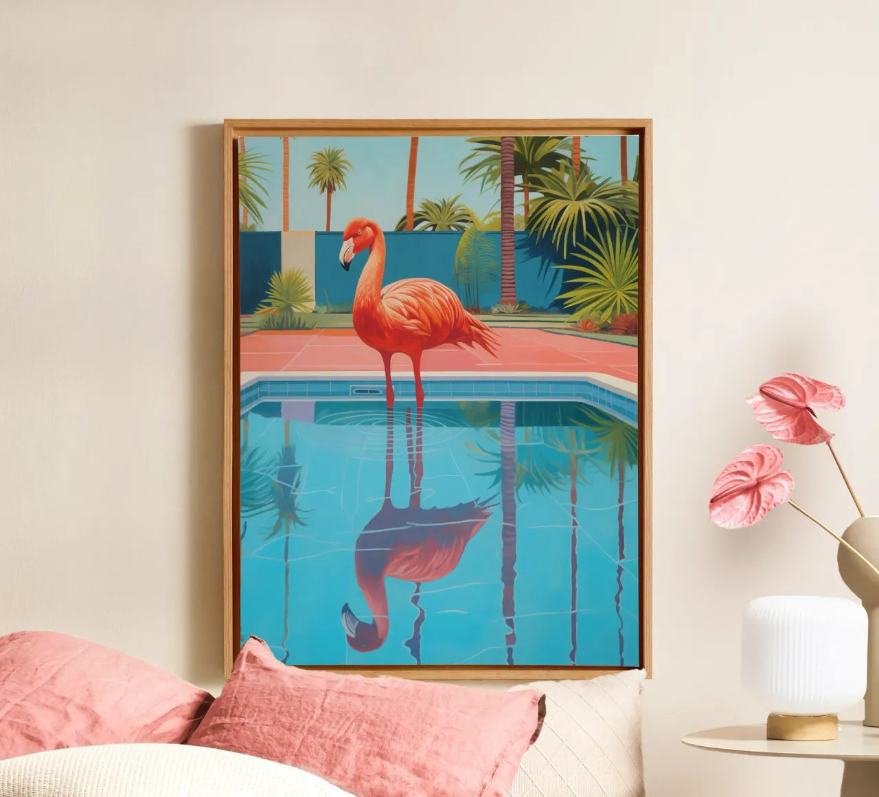 Flamingo by the pool | Shower curtain with matching towels canvas by Autofocus