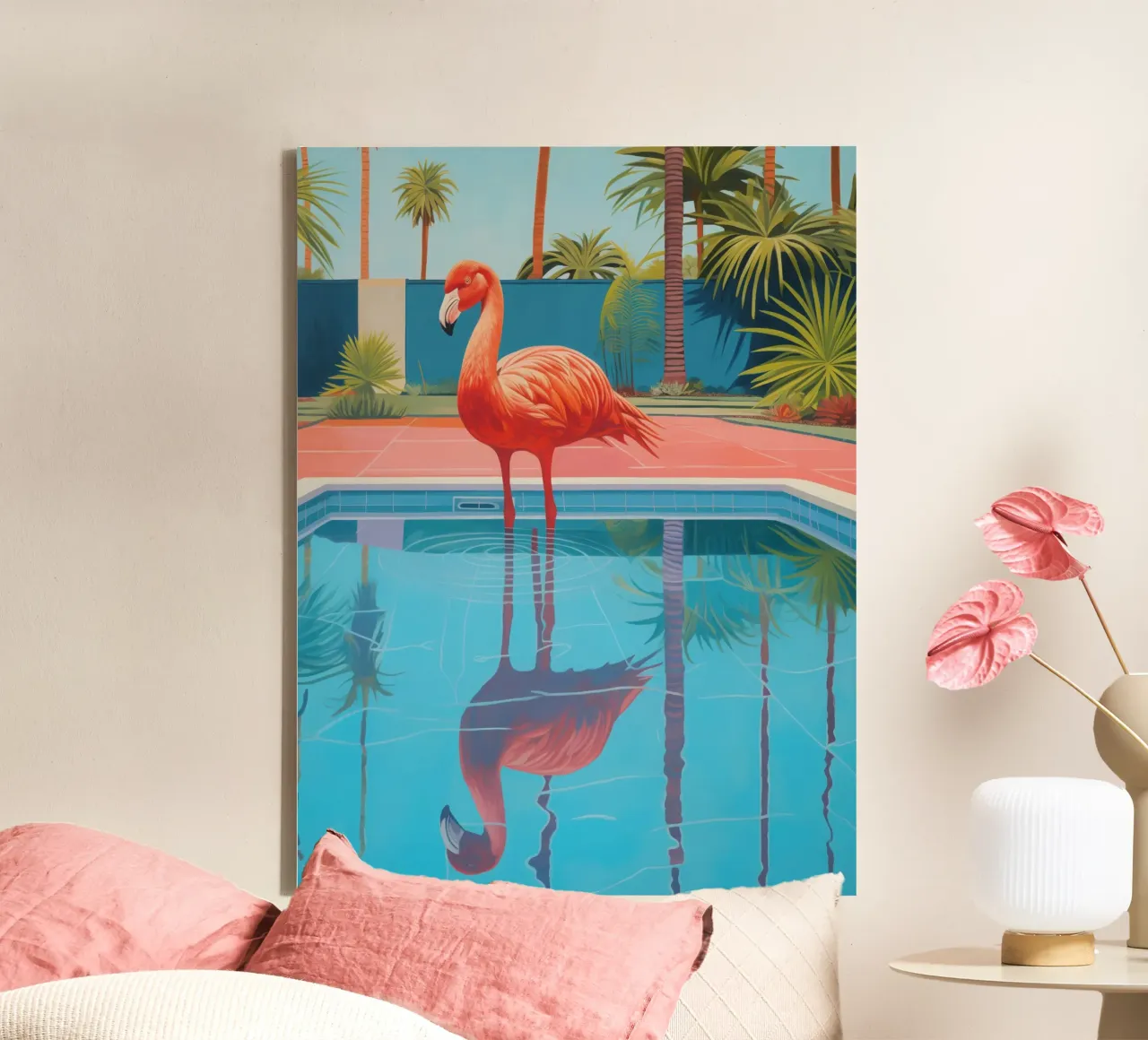 Flamingo by the pool | Shower curtain with matching towels canvas by Autofocus