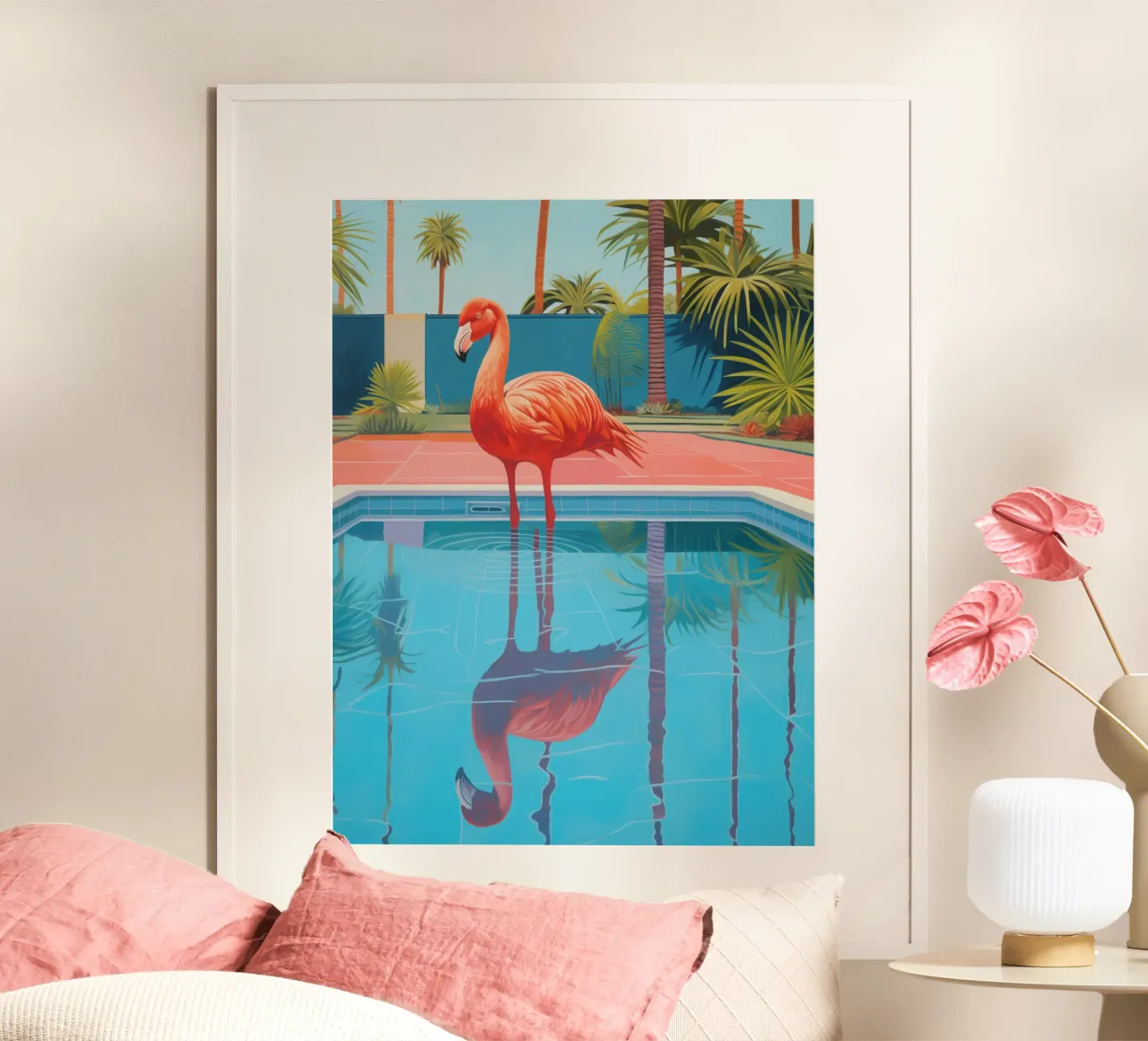 Flamingo by the pool | Shower curtain with matching towels poster by Autofocus
