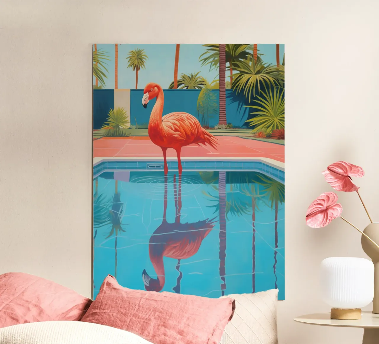 Flamingo by the pool | Shower curtain with matching towels poster by Autofocus