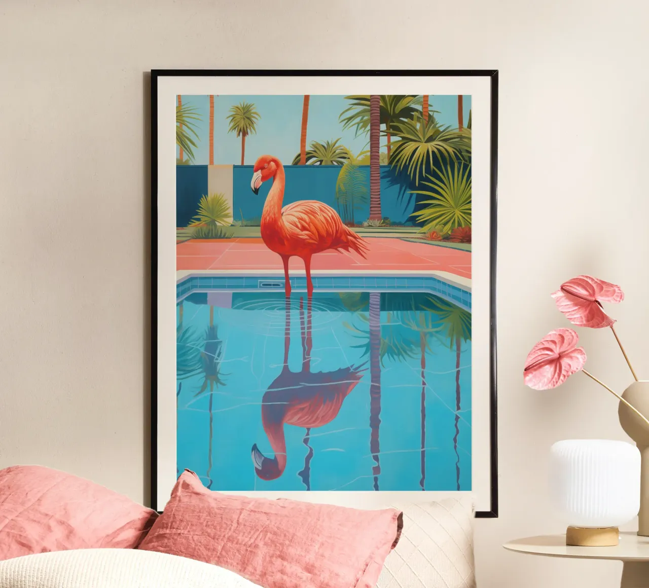 Flamingo by the pool | Shower curtain with matching towels poster by Autofocus