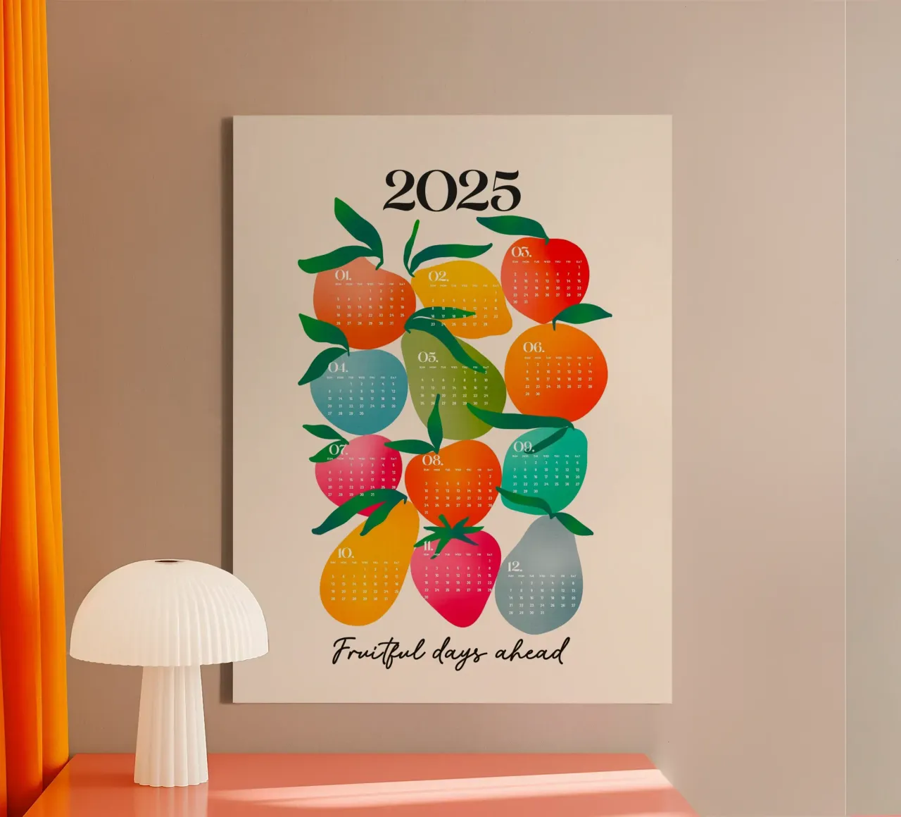 Kleurrijke "Vruchtbare dagen in het verschiet" 2025 Fruitmarktkalender canvas met Baklijst van Dominique Vari