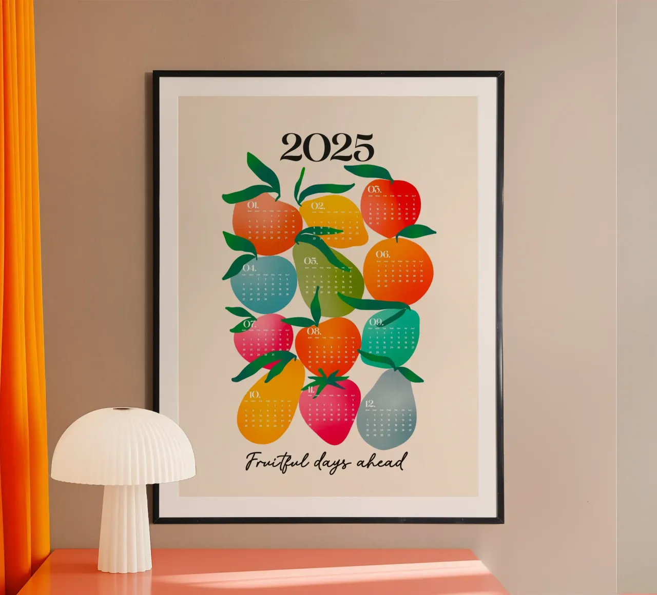 Calendario colorato del mercato della frutta 2025 "Giorni fruttuosi davanti a noi poster con telaio in legno da Dominique Vari