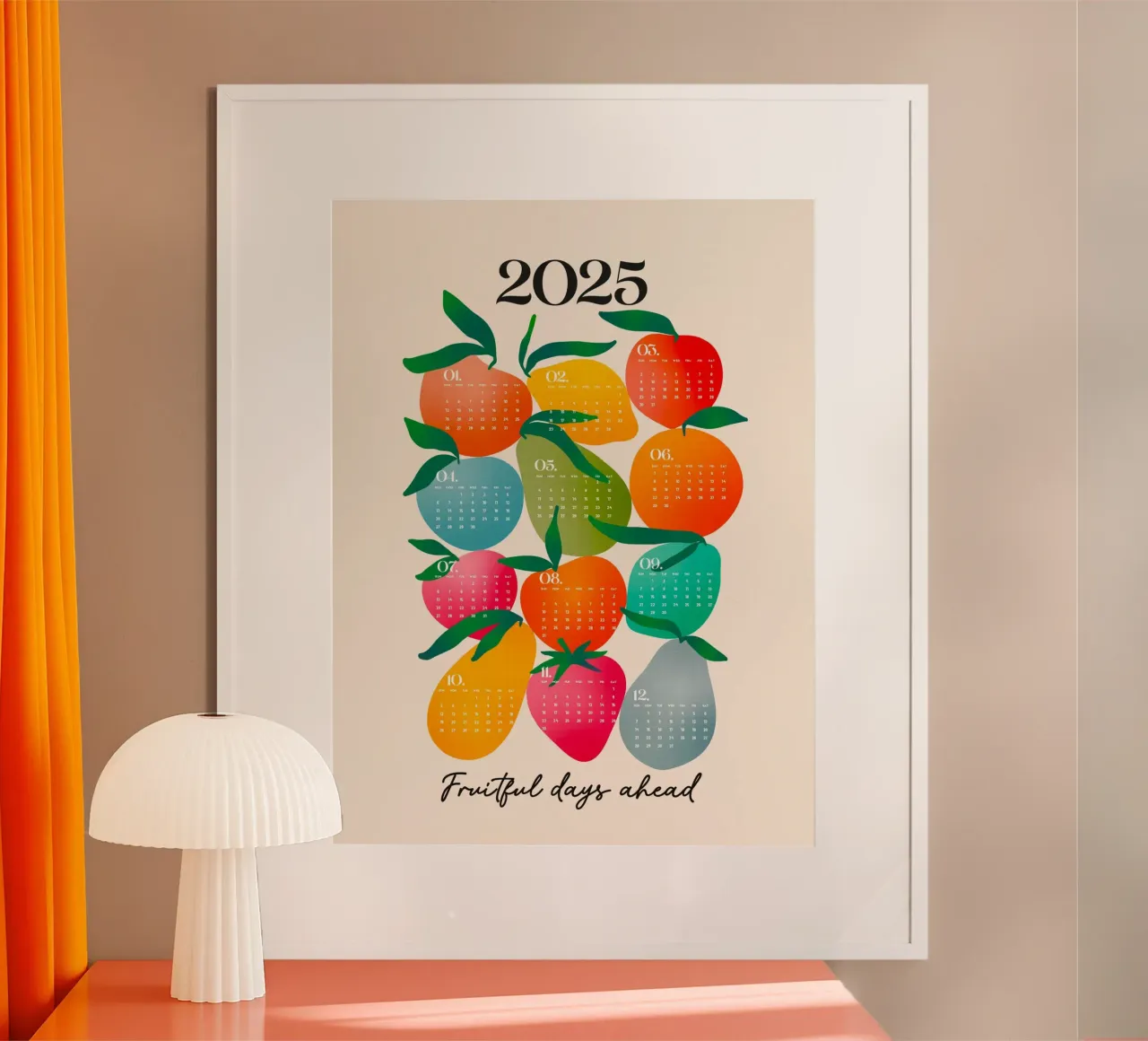 Calendario colorato del mercato della frutta 2025 "Giorni fruttuosi davanti a noi poster con telaio in legno da Dominique Vari