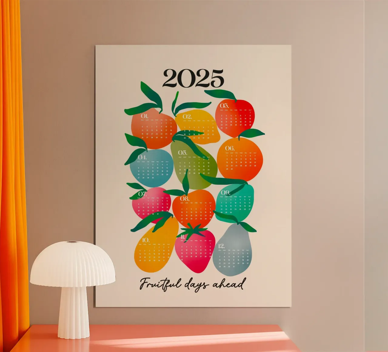 Calendario colorato del mercato della frutta 2025 "Giorni fruttuosi davanti a noi poster con telaio in legno da Dominique Vari