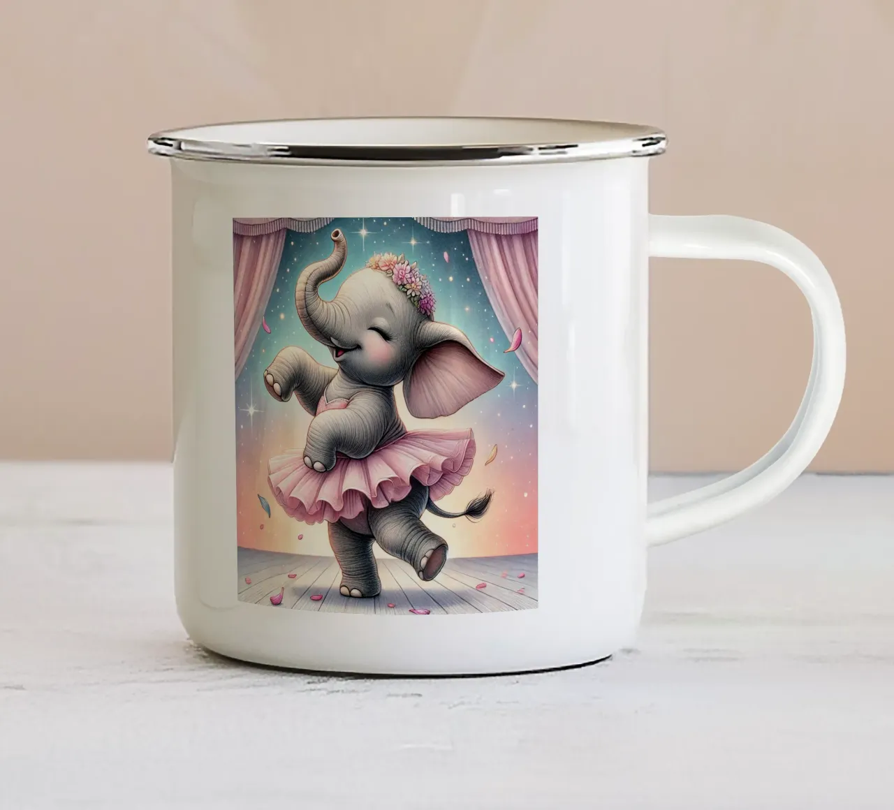 Eleganza danzante: L'elefante aggraziato tazza in smalto da FluffyToons