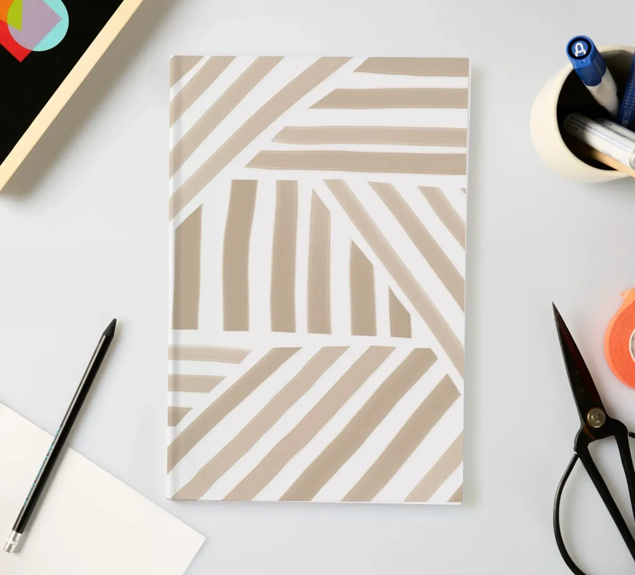 Abstract Beige and White Geometric Stripe Pattern notebook by Melloi Art Print