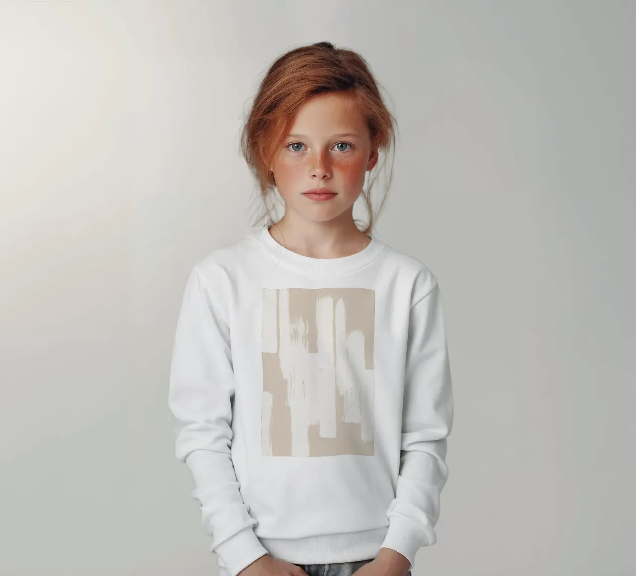 Beige and White Abstract Brush Stroke Pattern kids sweatshirt by Melloi Art Print