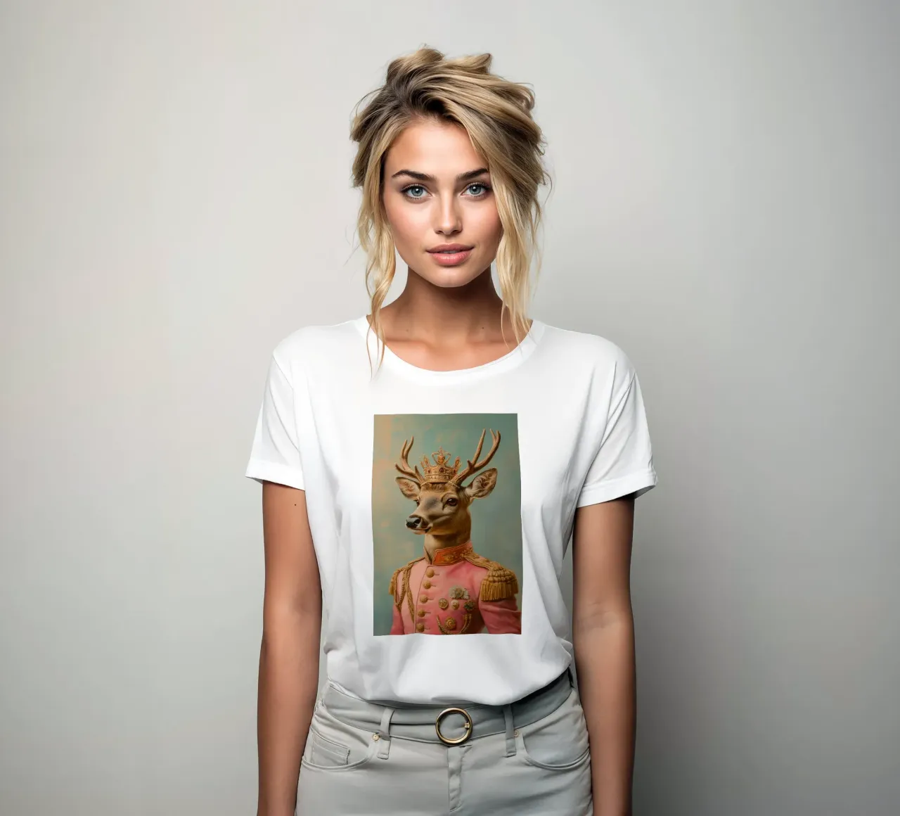 Porträt pinke Hirsch mit Krone Frauen T-Shirt von Carinaprint