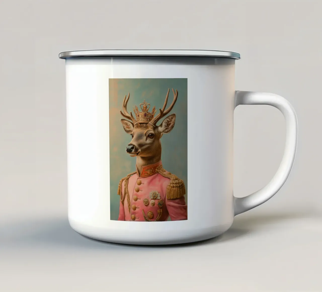 Ritratto cervo rosa con corona tazza in smalto da Carinaprint