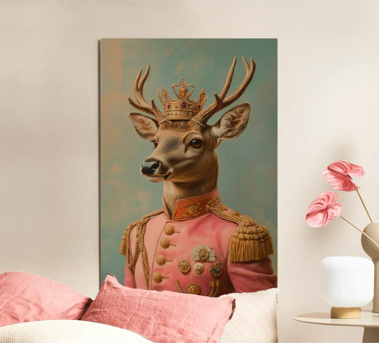 Porträt pinke Hirsch mit Krone Alu-Dibond von Carinaprint